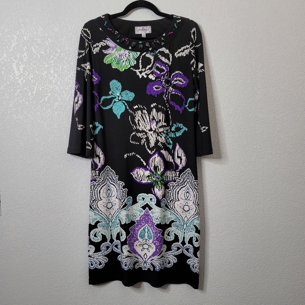 Studio I 3/4 sleeve stretch knit floral graphic scoop neck midi dress